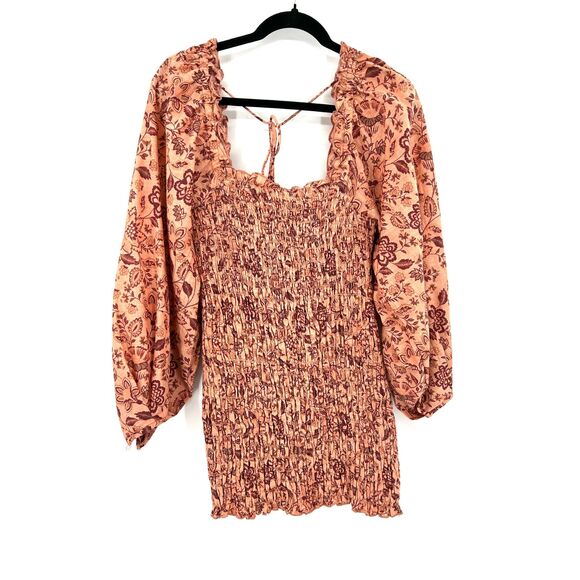 FREE PEOPLE Pink Floral Smocked Balloon Sleeve Square Neck Mini Dress Size Small - Picture 4 of 11